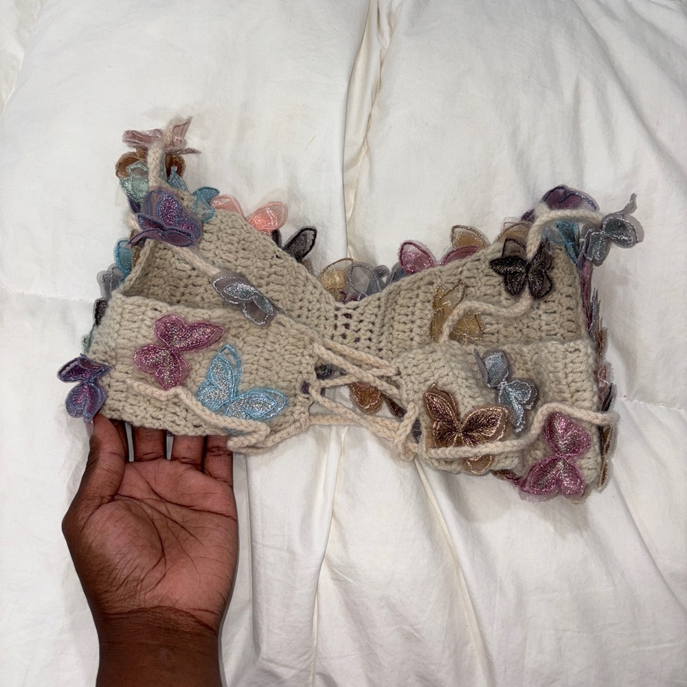 Crochet Top with Colorful Butterfly Accents